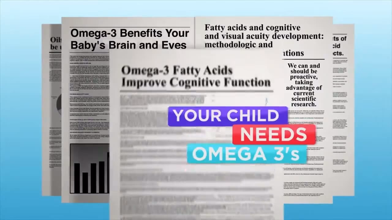 Stacked research headlines under the line Your Child Needs Omega-3s