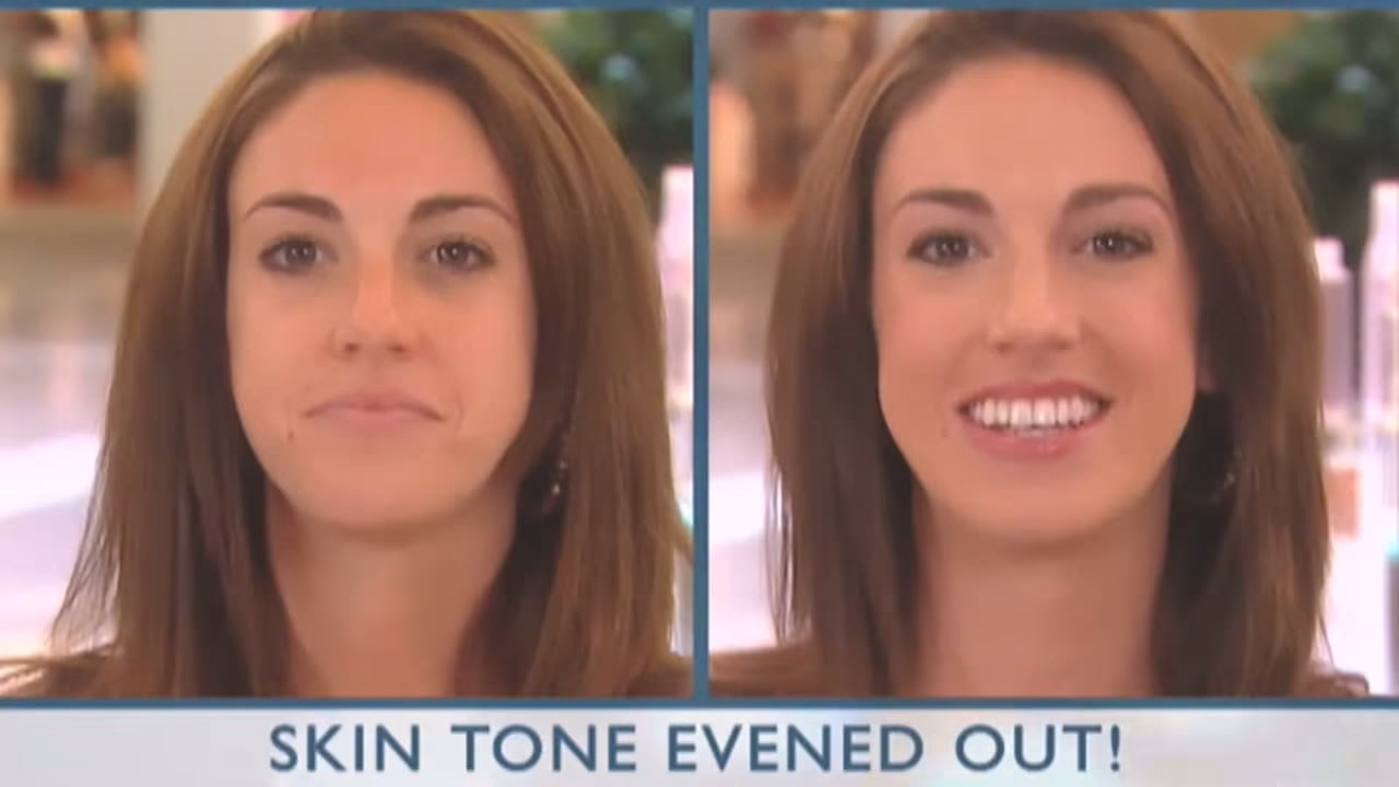 Split-screen before-and-after with the Skin Tone Evened Out title