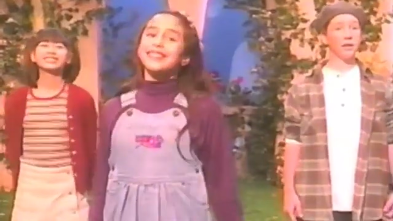 Three young performers mid song-and-dance number on the KangaRoddy set